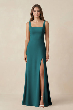 Square Neck A-Line Bridesmaid Dress With Slit in Pine - SHE IS ME BRIDESMAID DRESSES