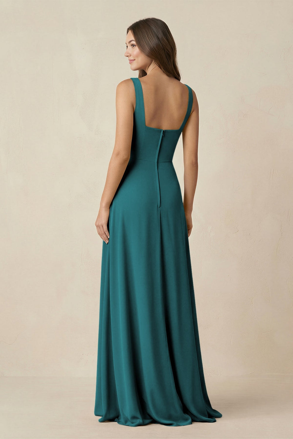 Square Neck A-Line Bridesmaid Dress With Slit in Pine - KISS BRIDAL BRIDESMAID DRESSES