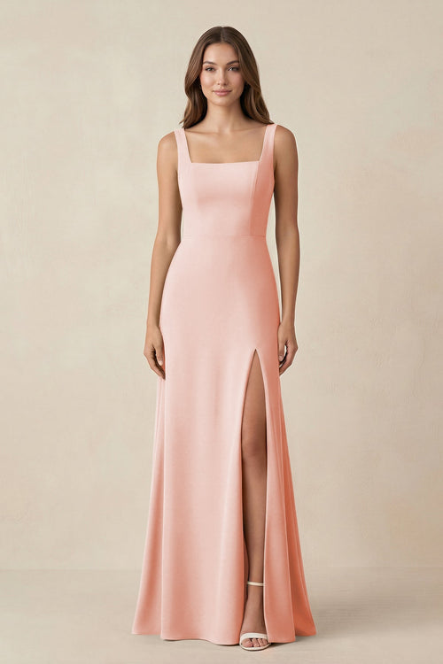 Square Neck A-Line Bridesmaid Dress With Slit in Rose Petal - SHE IS ME BRIDESMAID DRESSES