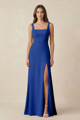 Square Neck A-Line Bridesmaid Dress With Slit in Royal Blue - KISS BRIDAL BRIDESMAID DRESSES