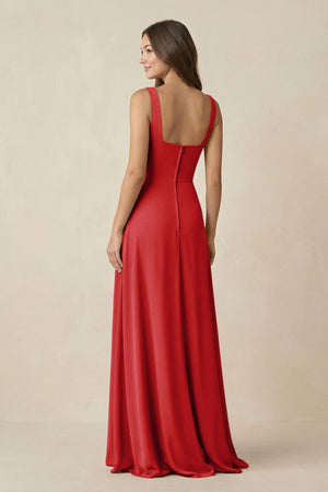 Square Neck A-Line Bridesmaid Dress With Slit in Ruby Red - SHE IS ME BRIDESMAID DRESSES