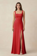 Square Neck A-Line Bridesmaid Dress With Slit in Ruby Red - SHE IS ME BRIDESMAID DRESSES
