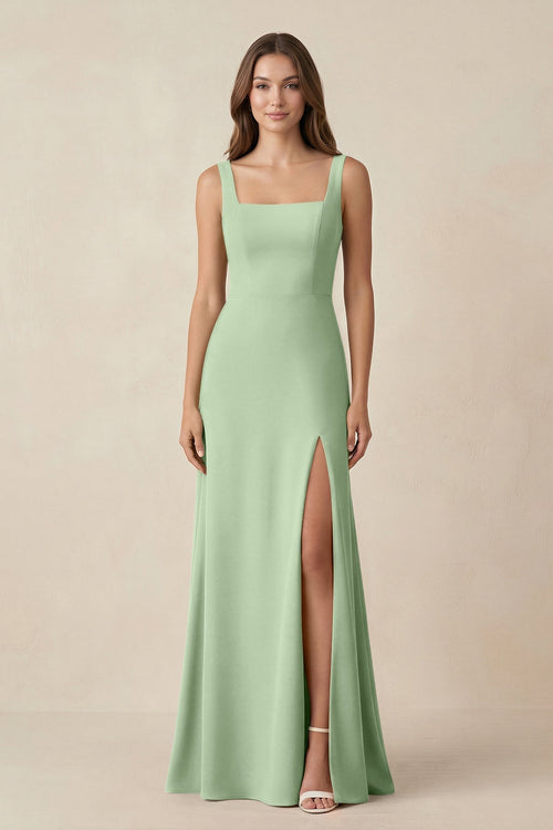 Square Neck A-Line Bridesmaid Dress With Slit in Sage - SHE IS ME BRIDESMAID DRESSES