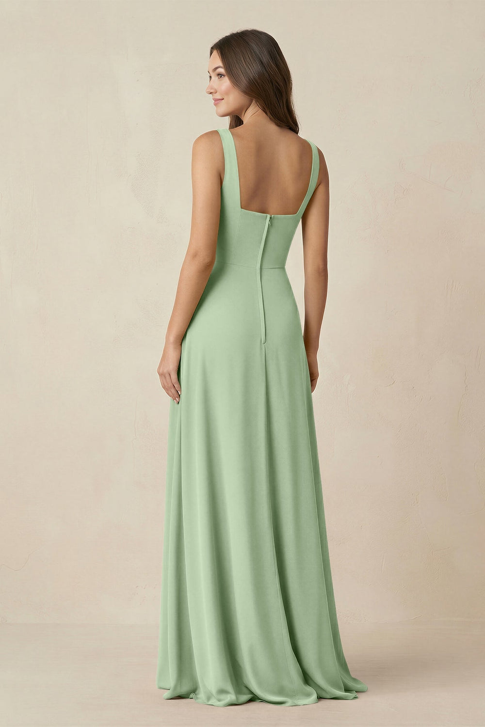 Square Neck A-Line Bridesmaid Dress With Slit in Sage - KISS BRIDAL BRIDESMAID DRESSES