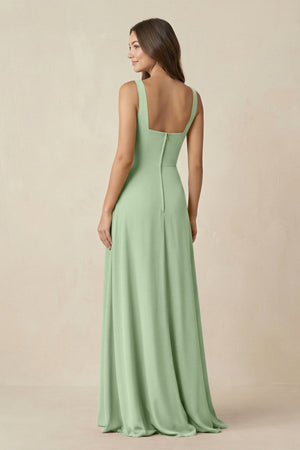 Square Neck A-Line Bridesmaid Dress With Slit in Sage - SHE IS ME BRIDESMAID DRESSES
