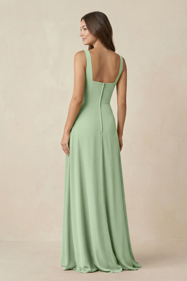 Square Neck A-Line Bridesmaid Dress With Slit in Sage - SHE IS ME BRIDESMAID DRESSES