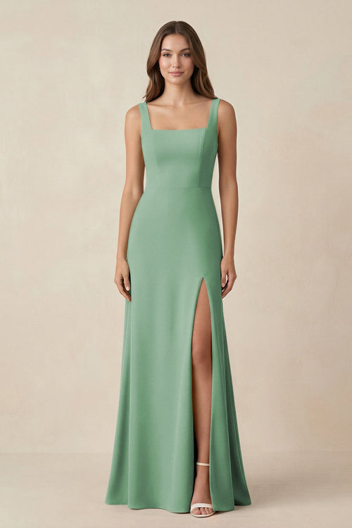 Square Neck A-Line Bridesmaid Dress With Slit in Sea Glass - SHE IS ME BRIDESMAID DRESSES