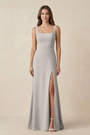 Square Neck A-Line Bridesmaid Dress With Slit in Silver - SHE IS ME BRIDESMAID DRESSES