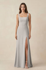 Square Neck A-Line Bridesmaid Dress With Slit in Silver - KISS BRIDAL BRIDESMAID DRESSES