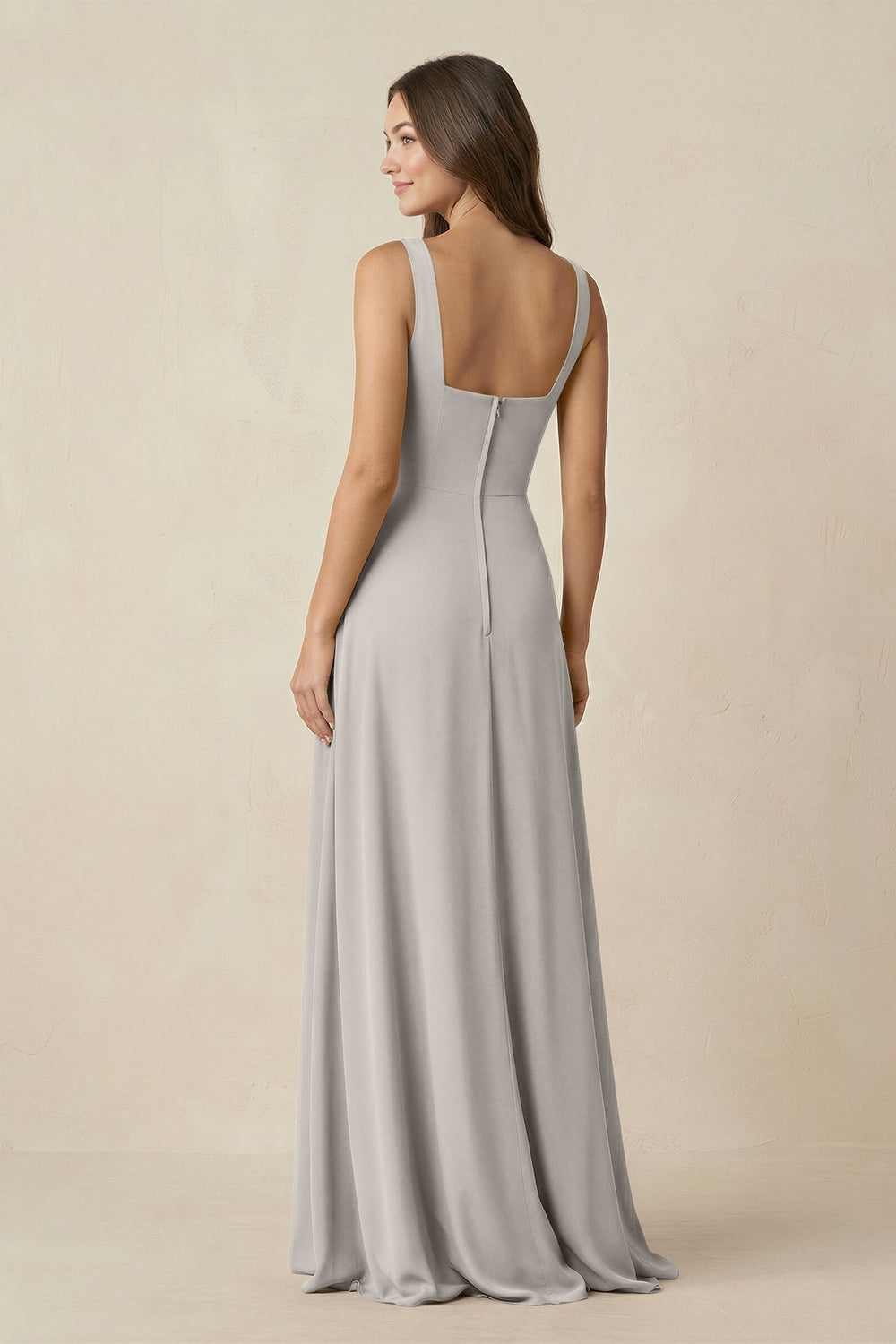 Square Neck A-Line Bridesmaid Dress With Slit in Silver - KISS BRIDAL BRIDESMAID DRESSES