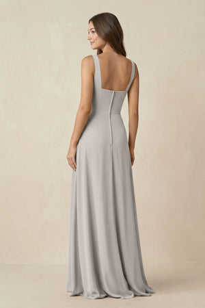 Square Neck A-Line Bridesmaid Dress With Slit in Silver - SHE IS ME BRIDESMAID DRESSES