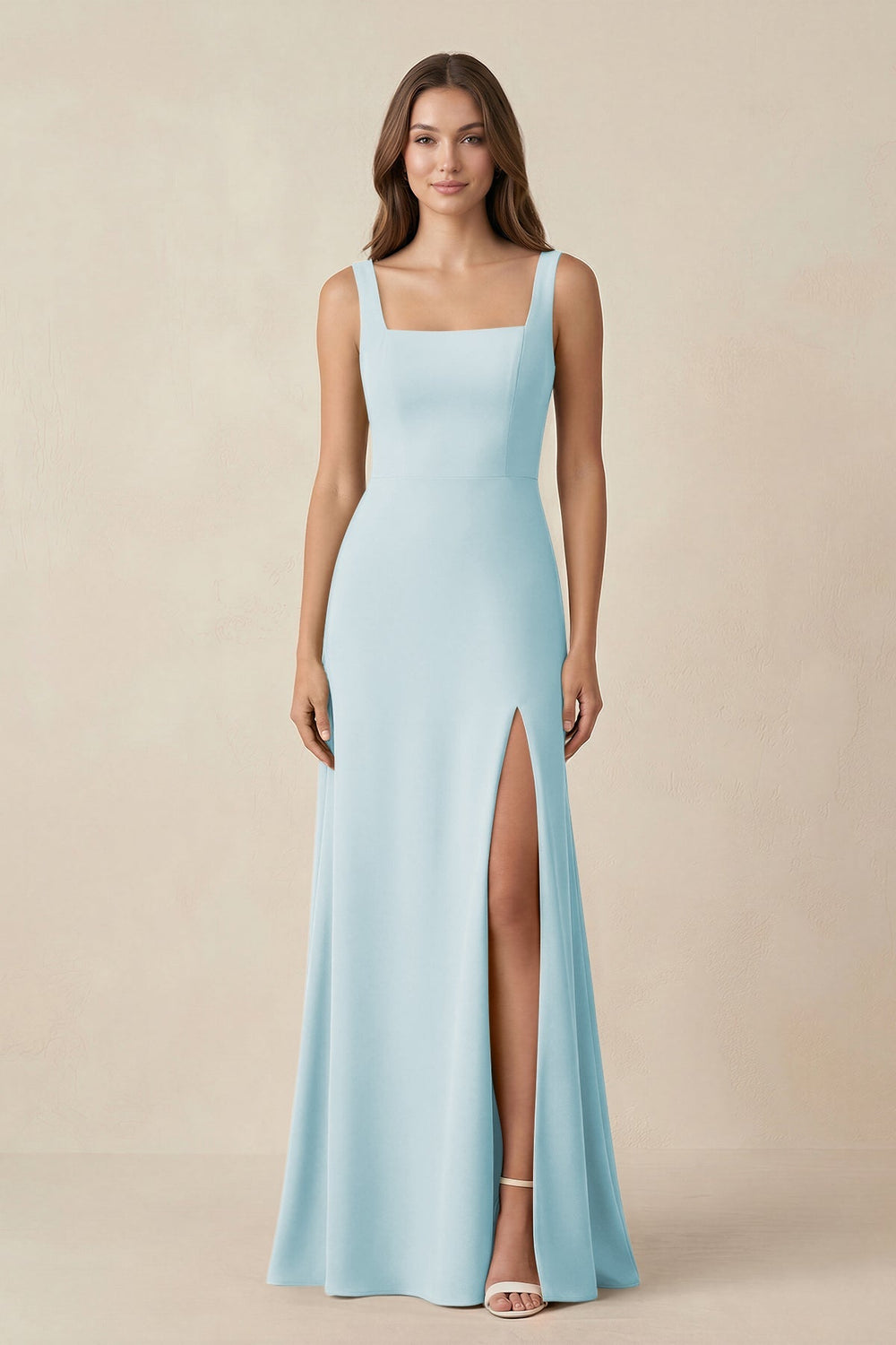 Square Neck A-Line Bridesmaid Dress With Slit in Sky Blue - KISS BRIDAL BRIDESMAID DRESSES