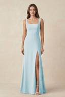 Square Neck A-Line Bridesmaid Dress With Slit in Sky Blue - SHE IS ME BRIDESMAID DRESSES
