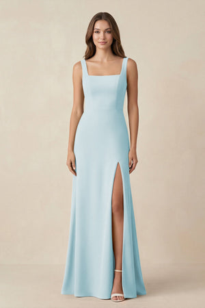 Square Neck A-Line Bridesmaid Dress With Slit in Sky Blue - SHE IS ME BRIDESMAID DRESSES
