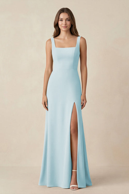 Square Neck A-Line Bridesmaid Dress With Slit in Sky Blue - SHE IS ME BRIDESMAID DRESSES