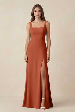 Square Neck A-Line Bridesmaid Dress With Slit in Spice - SHE IS ME BRIDESMAID DRESSES