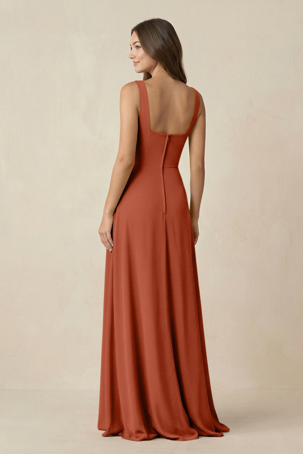 Square Neck A-Line Bridesmaid Dress With Slit in Spice - KISS BRIDAL BRIDESMAID DRESSES