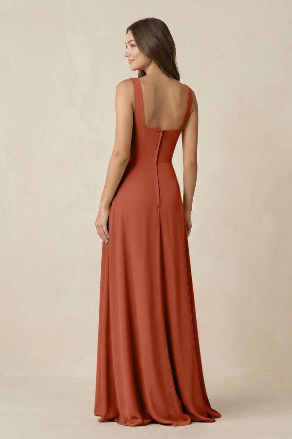 Square Neck A-Line Bridesmaid Dress With Slit in Spice - SHE IS ME BRIDESMAID DRESSES