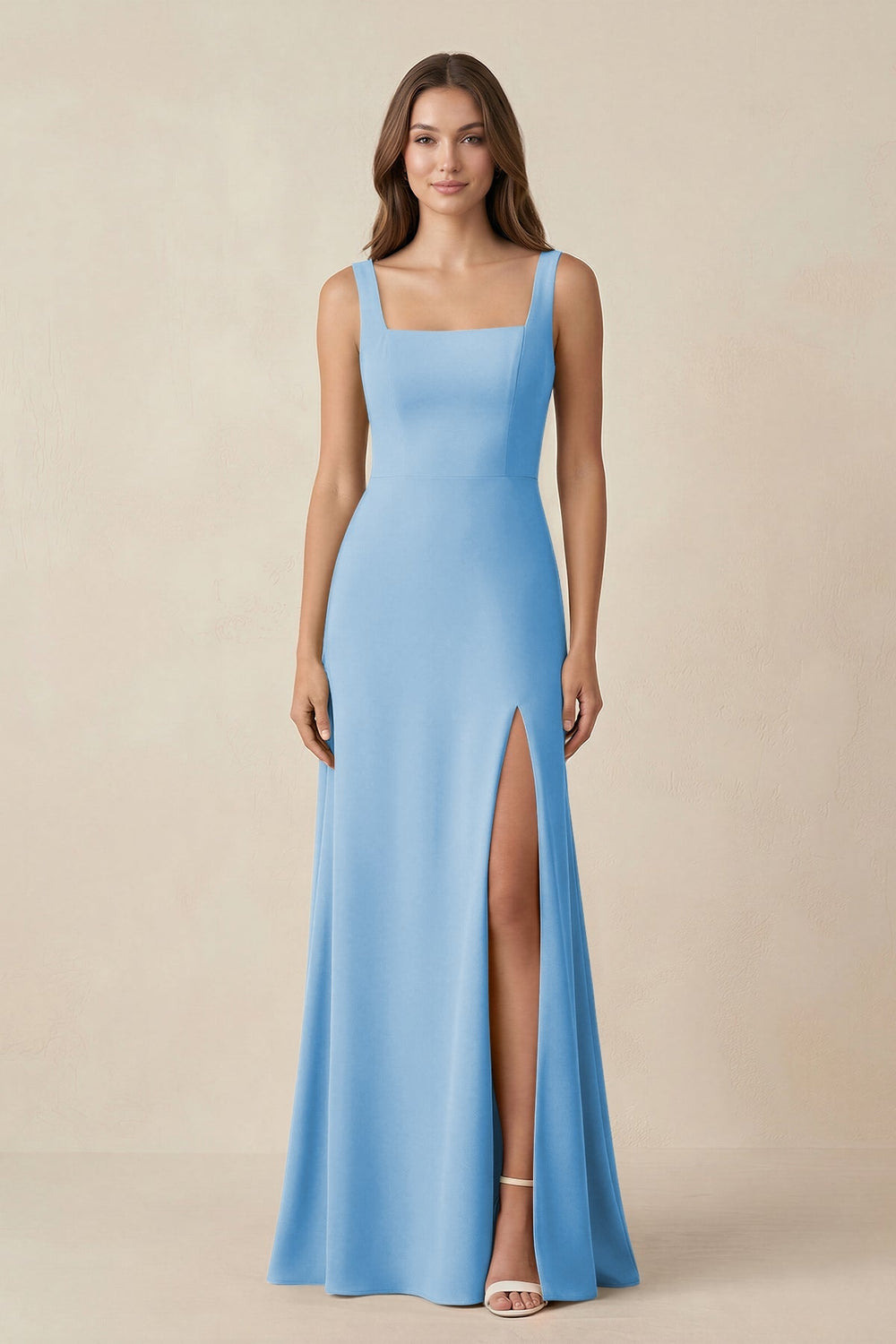 Square Neck A-Line Bridesmaid Dress With Slit in Steel Blue - KISS BRIDAL BRIDESMAID DRESSES
