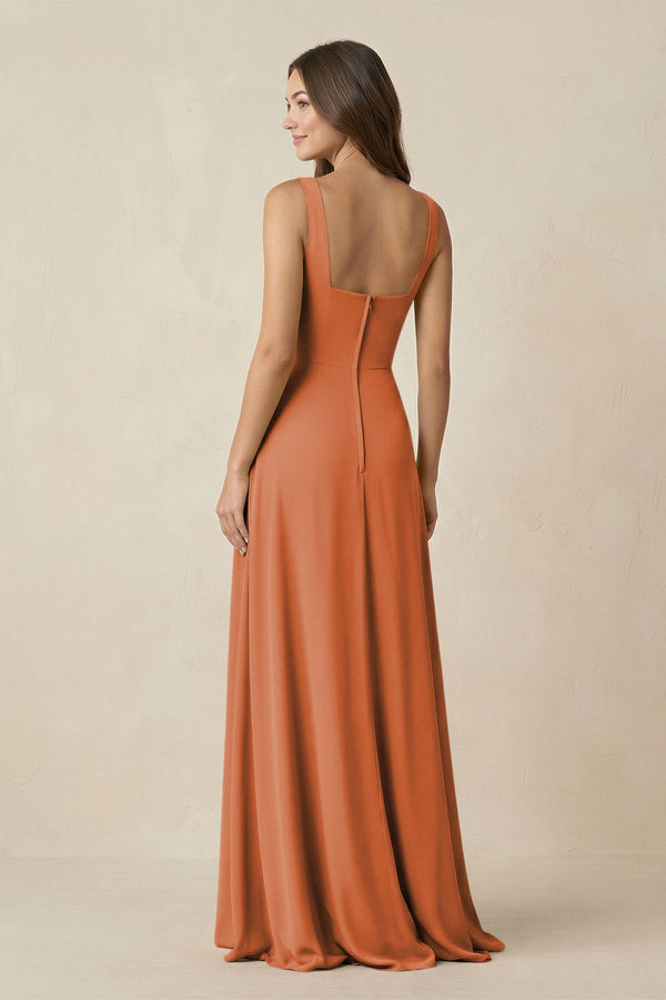 Square Neck A-Line Bridesmaid Dress With Slit in Terracotta - SHE IS ME BRIDESMAID DRESSES