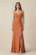 Square Neck A-Line Bridesmaid Dress With Slit in Terracotta - SHE IS ME BRIDESMAID DRESSES