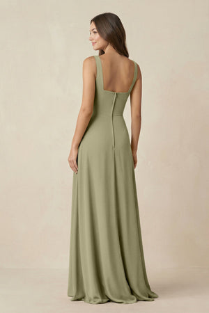Square Neck A-Line Bridesmaid Dress With Slit in Thyme - SHE IS ME BRIDESMAID DRESSES