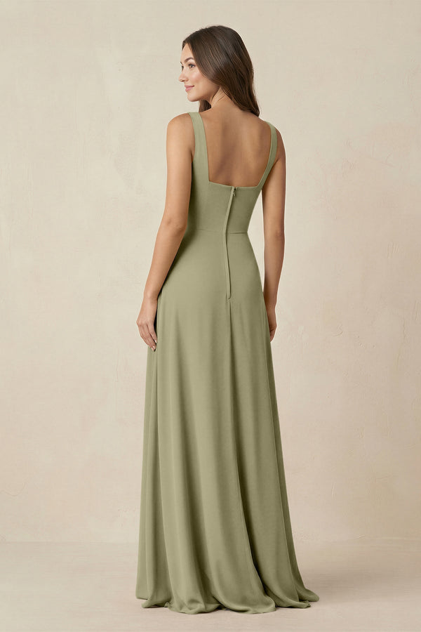 Square Neck A-Line Bridesmaid Dress With Slit in Thyme - SHE IS ME BRIDESMAID DRESSES