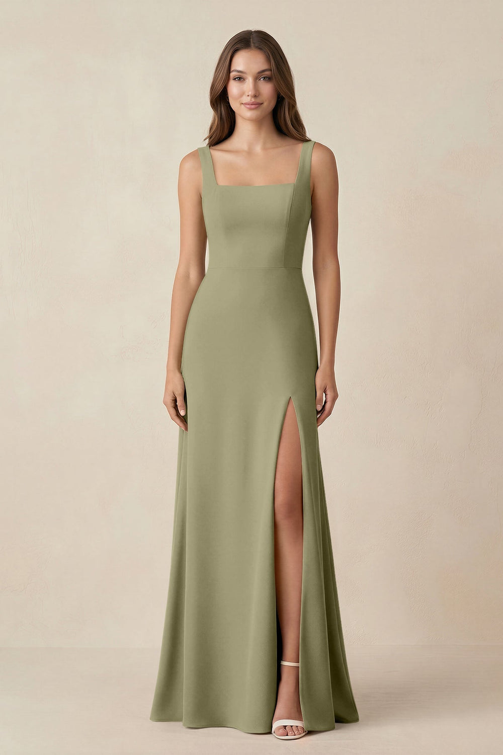 Square Neck A-Line Bridesmaid Dress With Slit in Thyme - KISS BRIDAL BRIDESMAID DRESSES
