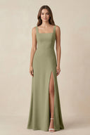 Square Neck A-Line Bridesmaid Dress With Slit in Thyme - SHE IS ME BRIDESMAID DRESSES