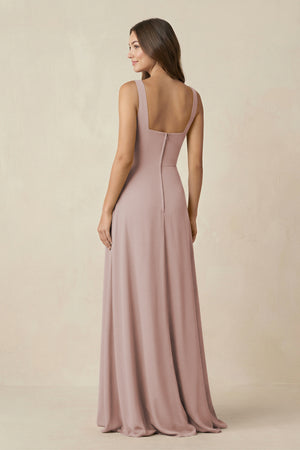Square Neck A-Line Bridesmaid Dress With Slit in Toffee (2) | KISSBRIDAL