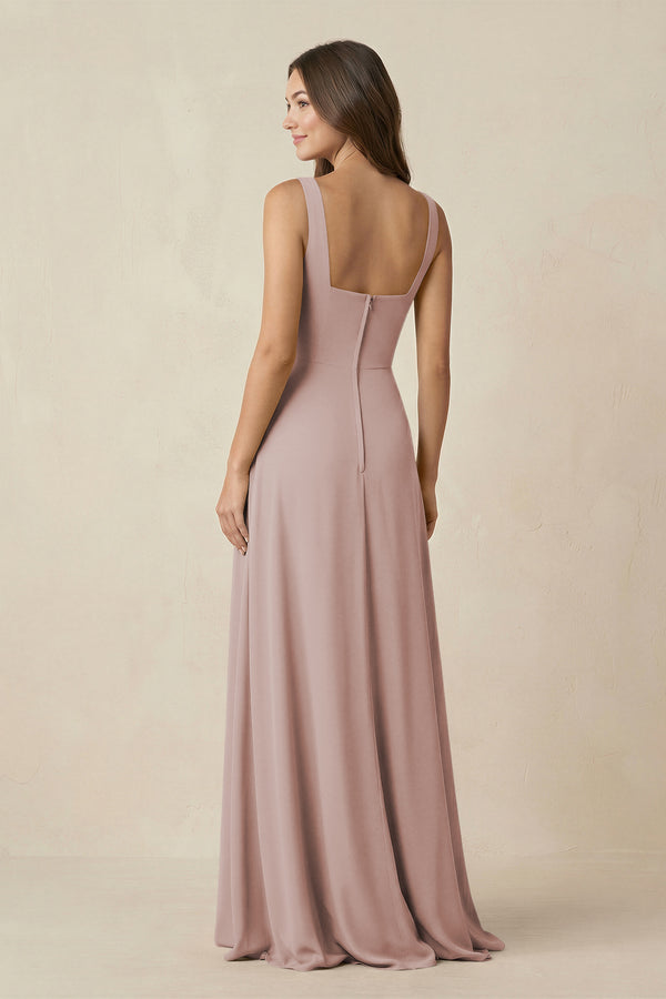 Square Neck A-Line Bridesmaid Dress With Slit in Toffee (2) | KISSBRIDAL