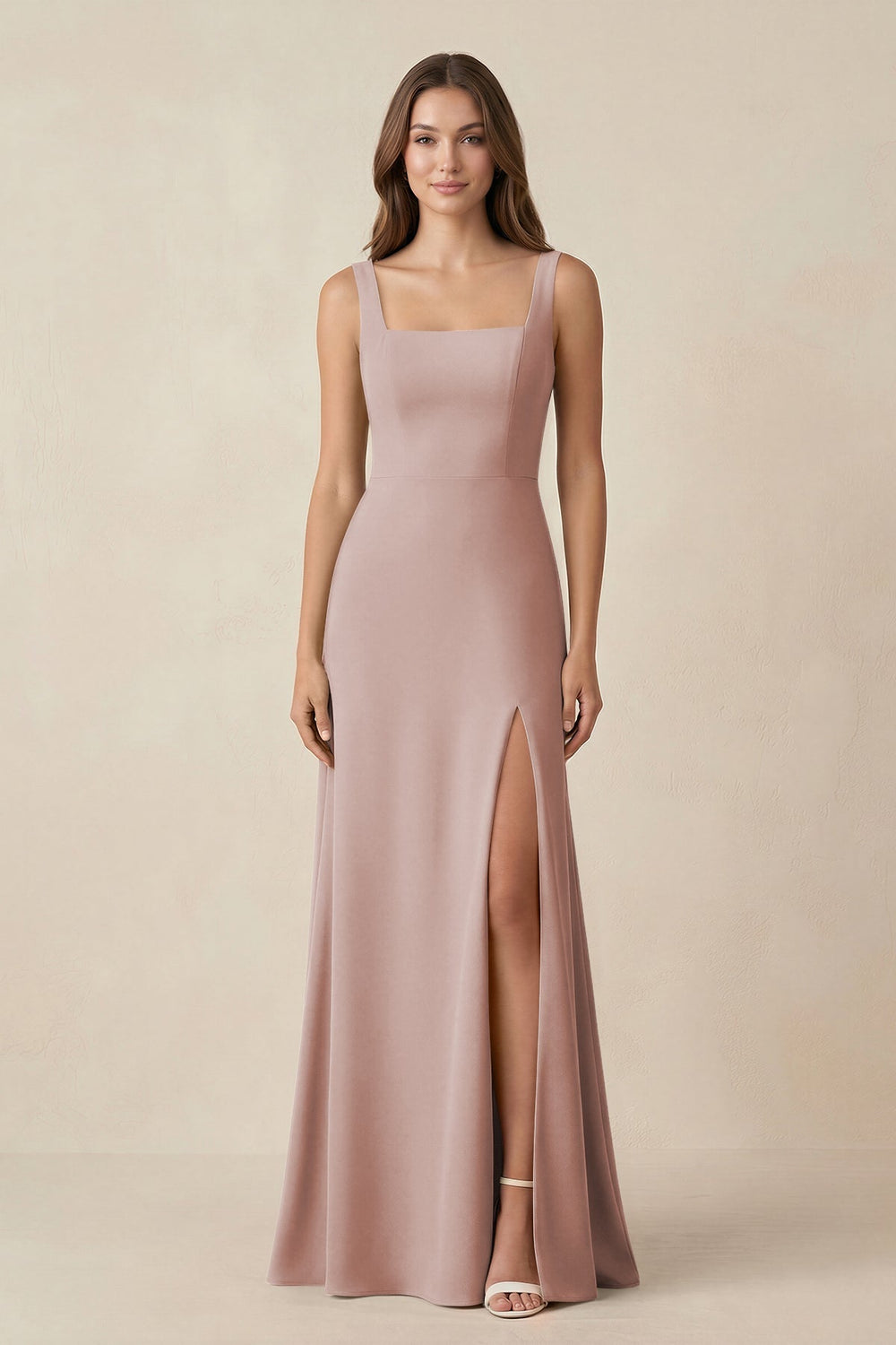 Square Neck A-Line Bridesmaid Dress With Slit in Toffee - KISS BRIDAL BRIDESMAID DRESSES