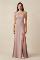 Square Neck A-Line Bridesmaid Dress With Slit in Toffee - SHE IS ME BRIDESMAID DRESSES