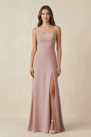Square Neck A-Line Bridesmaid Dress With Slit in Toffee - SHE IS ME BRIDESMAID DRESSES