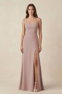 Square Neck A-Line Bridesmaid Dress With Slit in Toffee | KISSBRIDAL