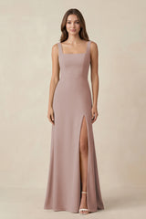 Square Neck A-Line Bridesmaid Dress With Slit in Toffee | KISSBRIDAL