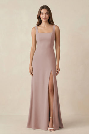Square Neck A-Line Bridesmaid Dress With Slit in Toffee | KISSBRIDAL