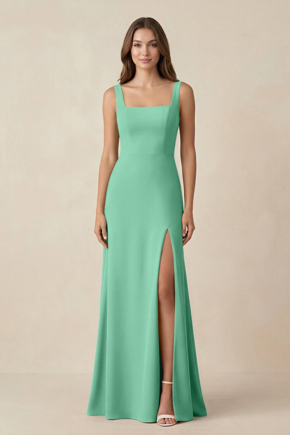 Square Neck A-Line Bridesmaid Dress With Slit in Turquoise - KISS BRIDAL BRIDESMAID DRESSES