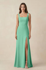 Square Neck A-Line Bridesmaid Dress With Slit in Turquoise - KISS BRIDAL BRIDESMAID DRESSES