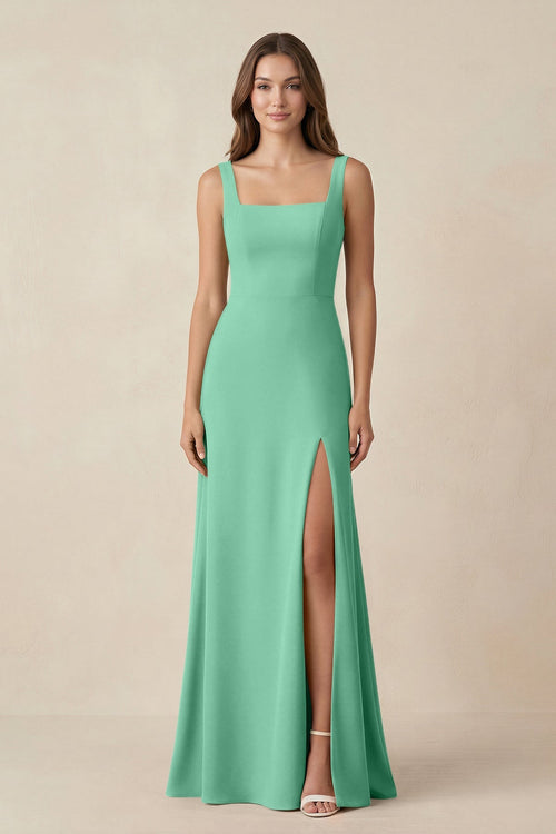 Square Neck A-Line Bridesmaid Dress With Slit in Turquoise - SHE IS ME BRIDESMAID DRESSES
