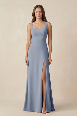 Square Neck A-Line Bridesmaid Dress With Slit in Twilight - SHE IS ME BRIDESMAID DRESSES