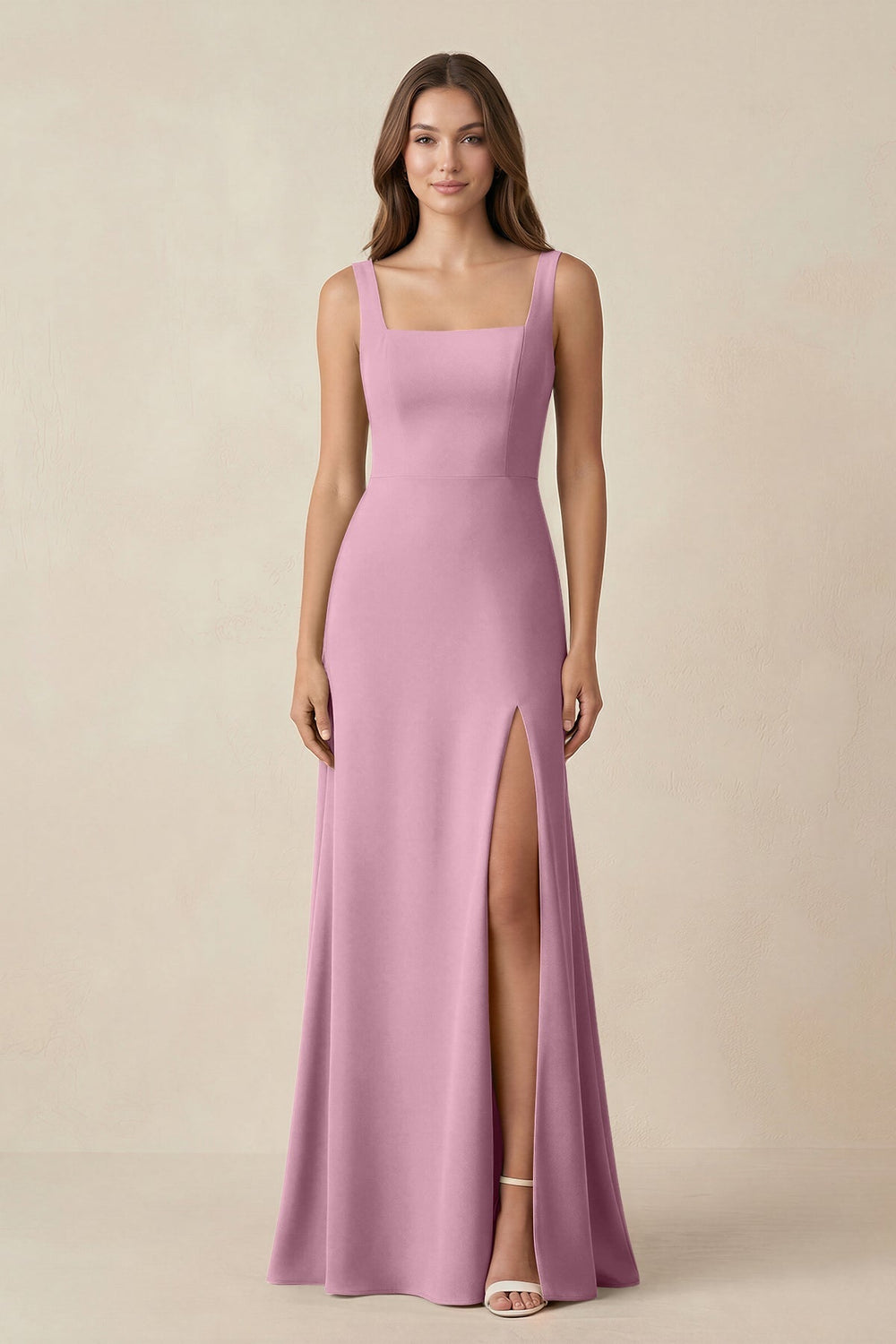 Square Neck A-Line Bridesmaid Dress With Slit in Vintage Mauve - KISS BRIDAL BRIDESMAID DRESSES