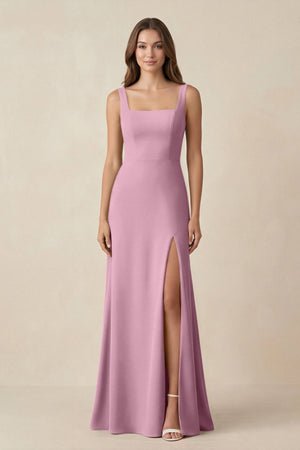 Square Neck A-Line Bridesmaid Dress With Slit in Vintage Mauve - SHE IS ME BRIDESMAID DRESSES