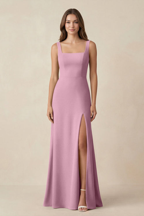 Square Neck A-Line Bridesmaid Dress With Slit in Vintage Mauve - SHE IS ME BRIDESMAID DRESSES