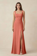 Square Neck A-Line Bridesmaid Dress With Slit in Wild Rose - SHE IS ME BRIDESMAID DRESSES