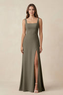 Square Neck A-Line Bridesmaid Dress With Slit in Willow Green - SHE IS ME BRIDESMAID DRESSES