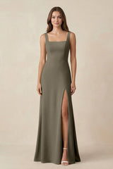 Square Neck A-Line Bridesmaid Dress With Slit in Willow Green - KISS BRIDAL BRIDESMAID DRESSES