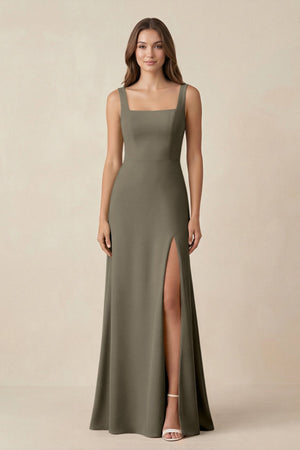 Square Neck A-Line Bridesmaid Dress With Slit in Willow Green - SHE IS ME BRIDESMAID DRESSES