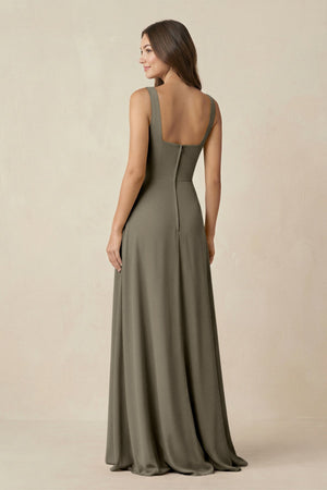 Square Neck A-Line Bridesmaid Dress With Slit in Willow Green - SHE IS ME BRIDESMAID DRESSES