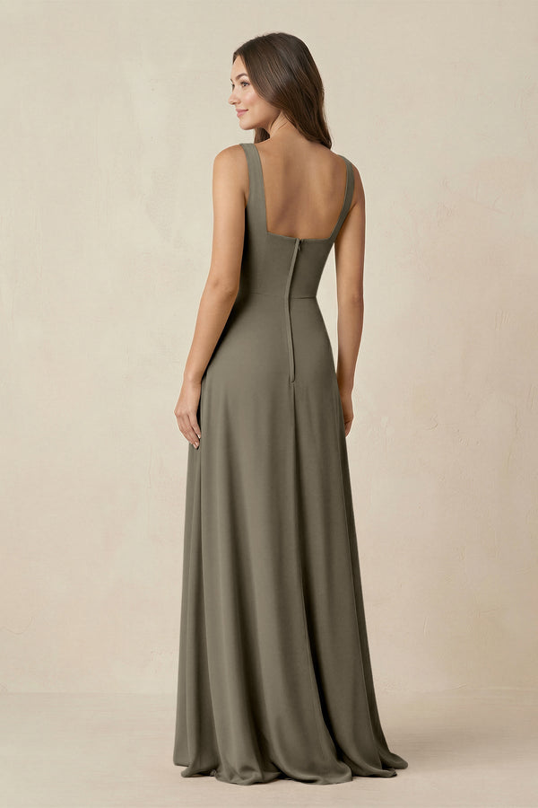 Square Neck A-Line Bridesmaid Dress With Slit in Willow Green - SHE IS ME BRIDESMAID DRESSES